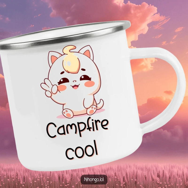 Funny camping mug with a character giving a shaka sign, radiating happiness and relaxed vibes, durable for outdoor use.