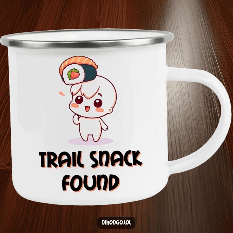Funny camping mug with a character pointing excitedly at a floating sushi roll, durable and humorous for outdoor foodie adventures.