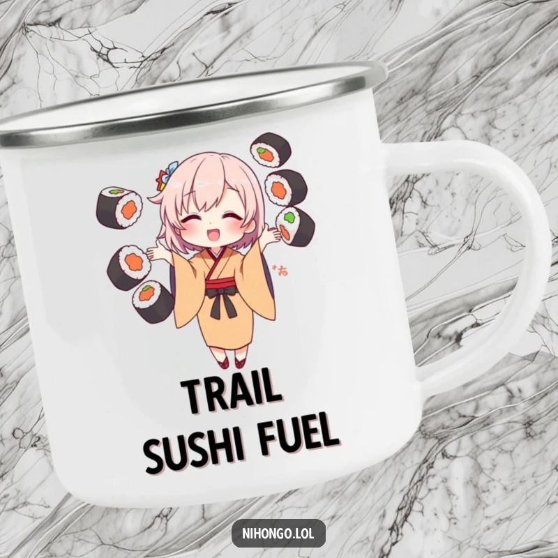 Funny Camping Mug featuring a character in a kimono juggling sushi rolls, ideal for outdoor enthusiasts with a sense of humor.