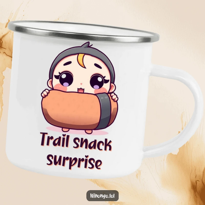 Funny camping mug with a surprised character holding a giant sushi roll, perfect for outdoor drinks.