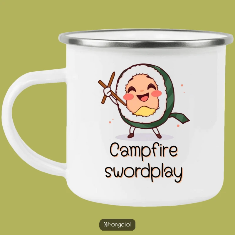 Funny Sushi Sword Dance Camping Mug: Comedic Roll's Moves, Your Adventure Funny Gift