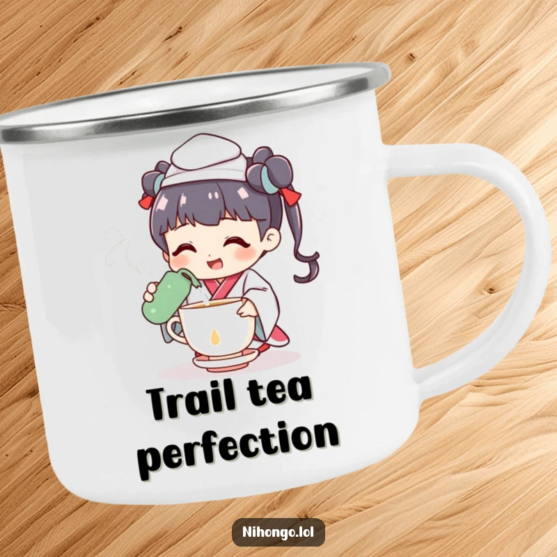 Funny camping mug with a cheerful tea ceremony character pouring tea with a flourish, perfect for outdoor relaxation.