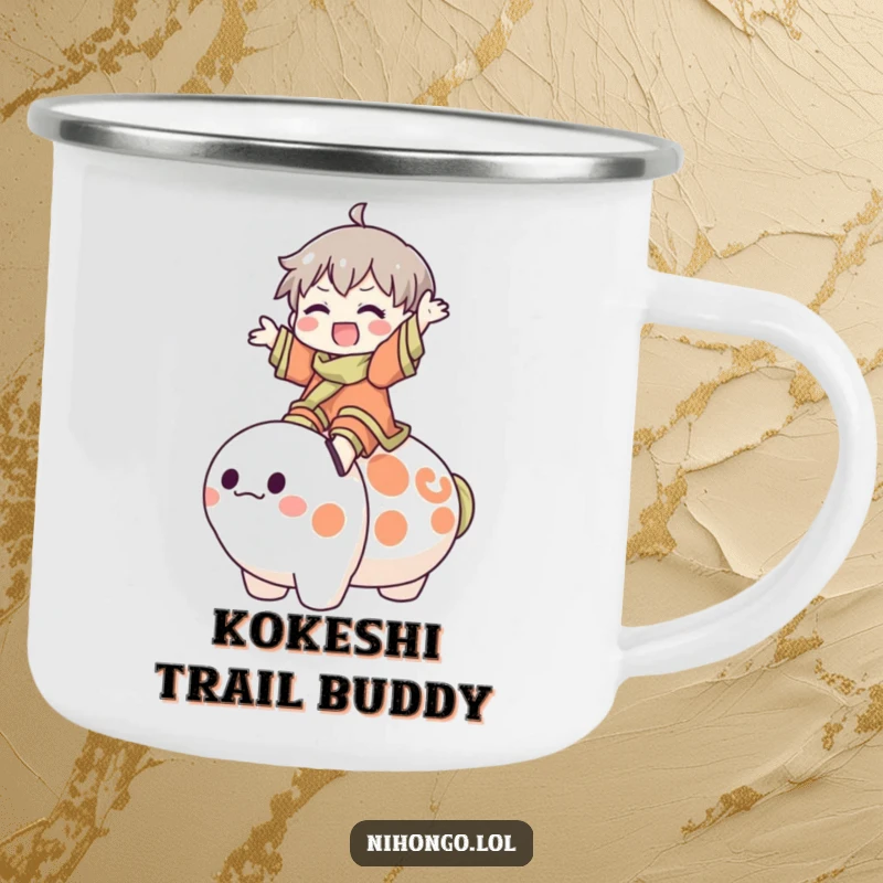 Funny Camping Mug: A character joyfully rides a large, friendly Kokeshi doll, perfect for enjoying drinks with a humorous and cheerful vibe.