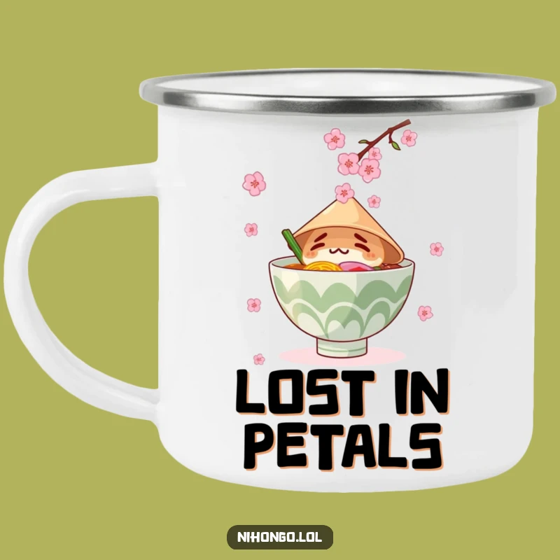 Funny Ramen Camping Mug: Conical Hat Bowl, Blossoms, Hilarious Outdoor Gift
