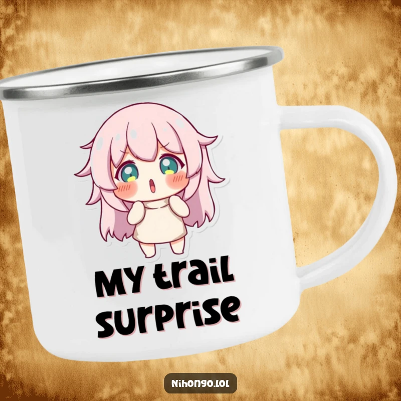Funny camping mug featuring a character in a comically surprised pose, ideal for outdoor adventures and humorous moments.
