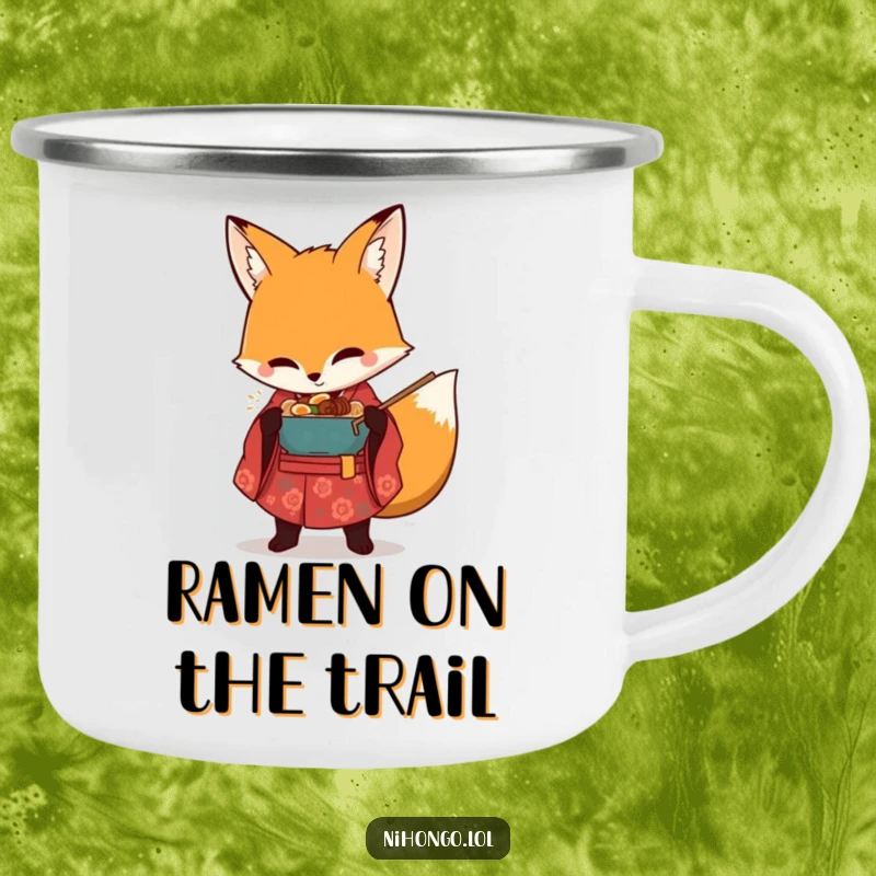 Funny camping mug with a durable design, showing a fox in a kimono attempting to steal a ramen bowl during an outdoor trip.
