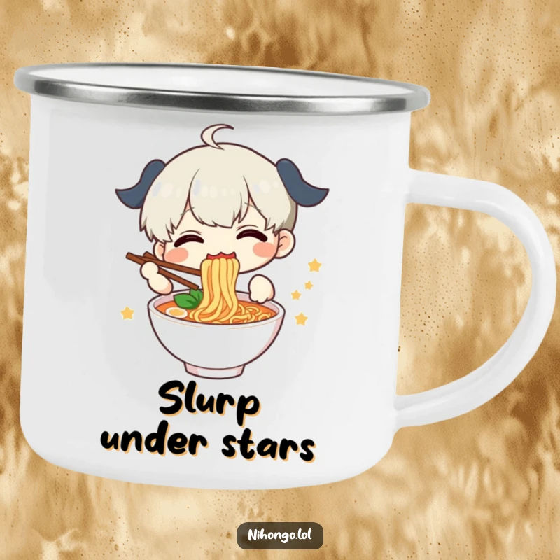 Funny Camping Mug depicting a delighted character happily slurping ramen, ideal for outdoor enthusiasts.