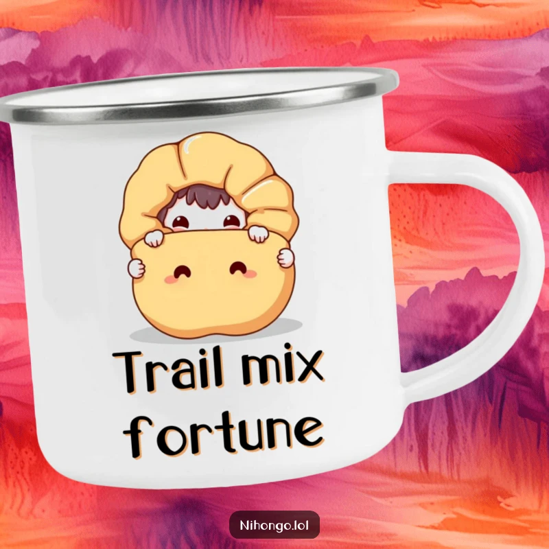 Funny camping mug with a mischievous character hiding behind a smiling fortune cookie, ideal for outdoor adventures and jokes.