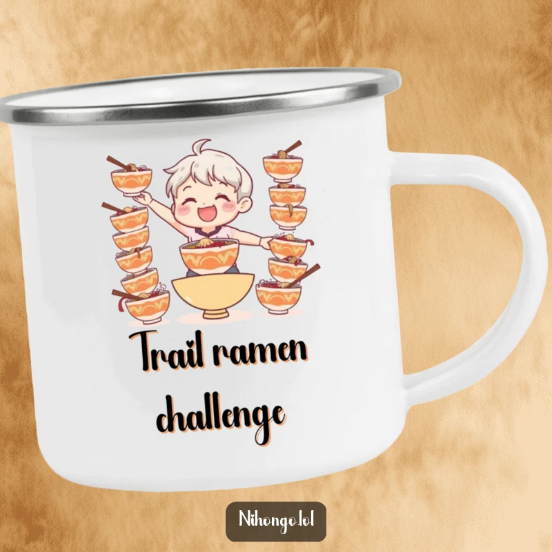 Funny camping mug featuring a smiling character balancing many bowls of ramen, perfect for outdoor meals.