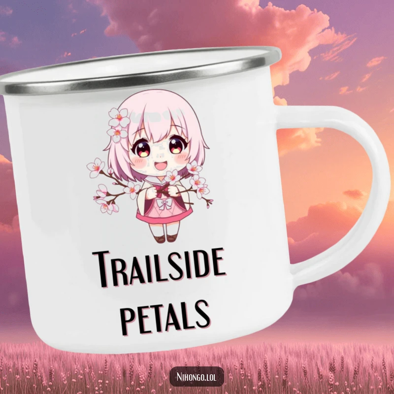 Funny camping mug with a smiling character holding cherry blossoms, perfect for enjoying drinks outdoors.