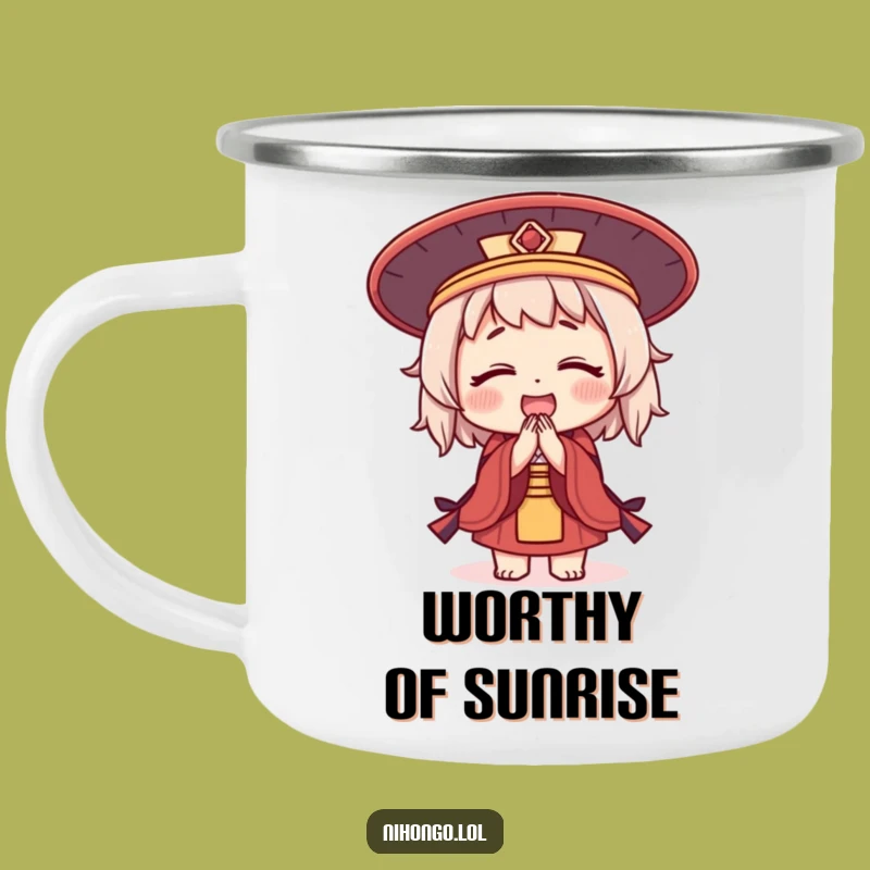 Funny Bowing Character Camping Mug: Japanese Hat Greeting, Your Polite Funny Gift