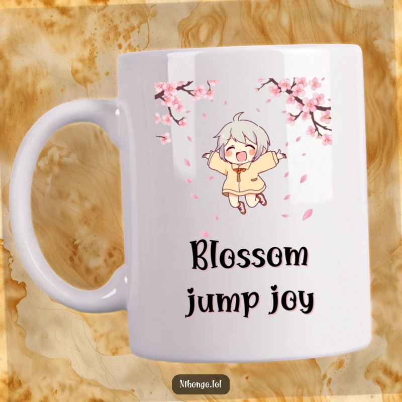 Funny joyful character mug, a character leaping with glee, surrounded by falling cherry blossom petals, capturing exuberant happiness.
