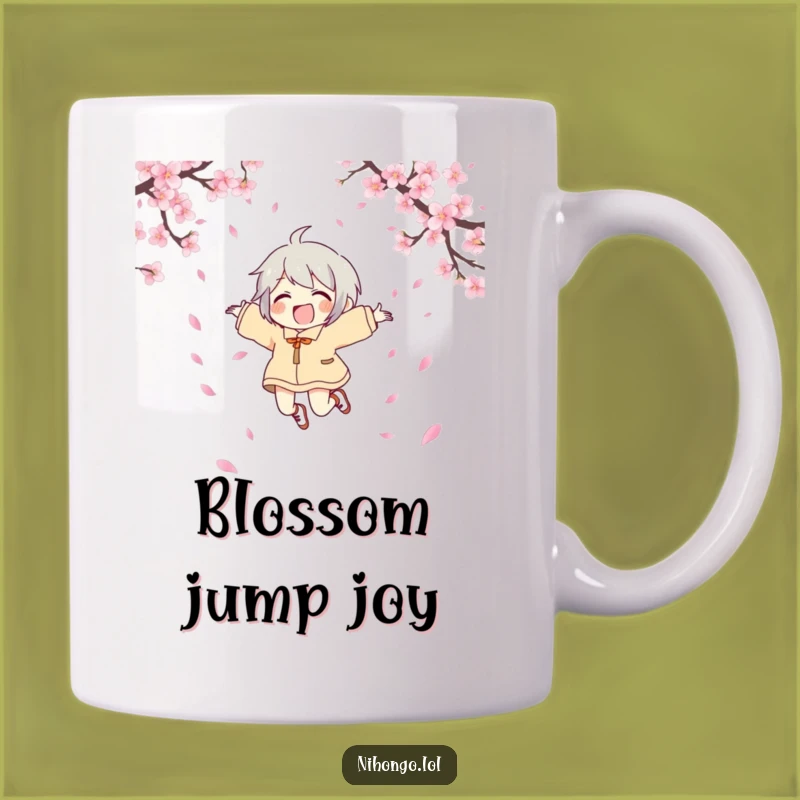 Funny Joyful Character Mug - Leap into Laughter with Cherry Blossoms, a Hilarious Gift