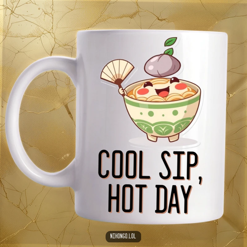 Funny Ramen Bowl Mug: A cheerful, smiling ramen character happily waves a tiny fan, conveying pure, delightful joy.