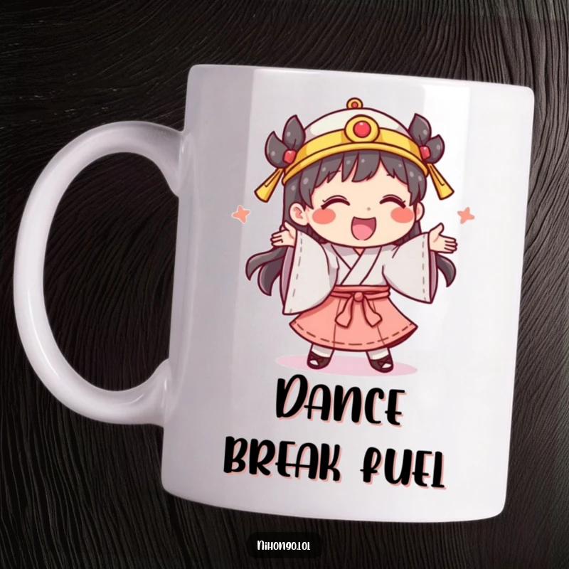 Funny mug featuring a giggling character in traditional clothing, performing a silly dance, celebrating culture and joy.