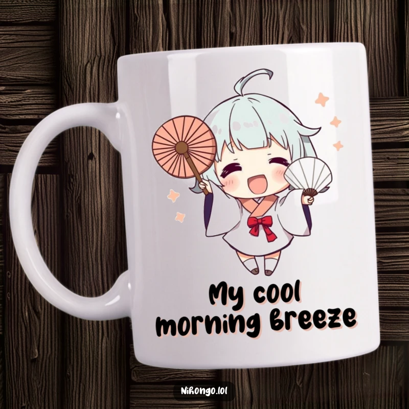 Funny Mug: Character excitedly waves a fan with dynamic brush strokes, conveying energy and fun, making it a great humorous gift.
