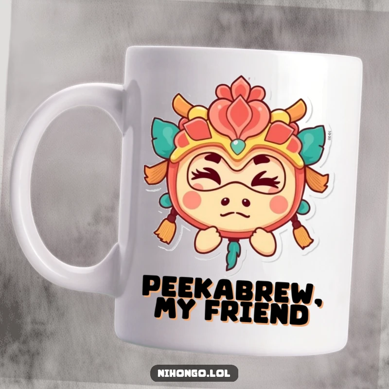 Funny mug with a playful character in a colorful festival mask, peeking out to give a secret wink, intriguing.