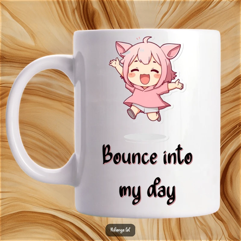 Funny mug featuring a cartoon character playfully jumping high in the air with a huge smile, radiating pure excitement.