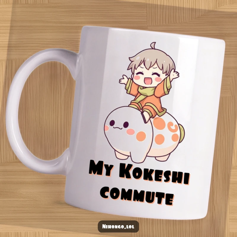 Funny Mug: Character joyfully rides a large, friendly Kokeshi doll, radiating happiness and whimsical charm for a delightful gift.