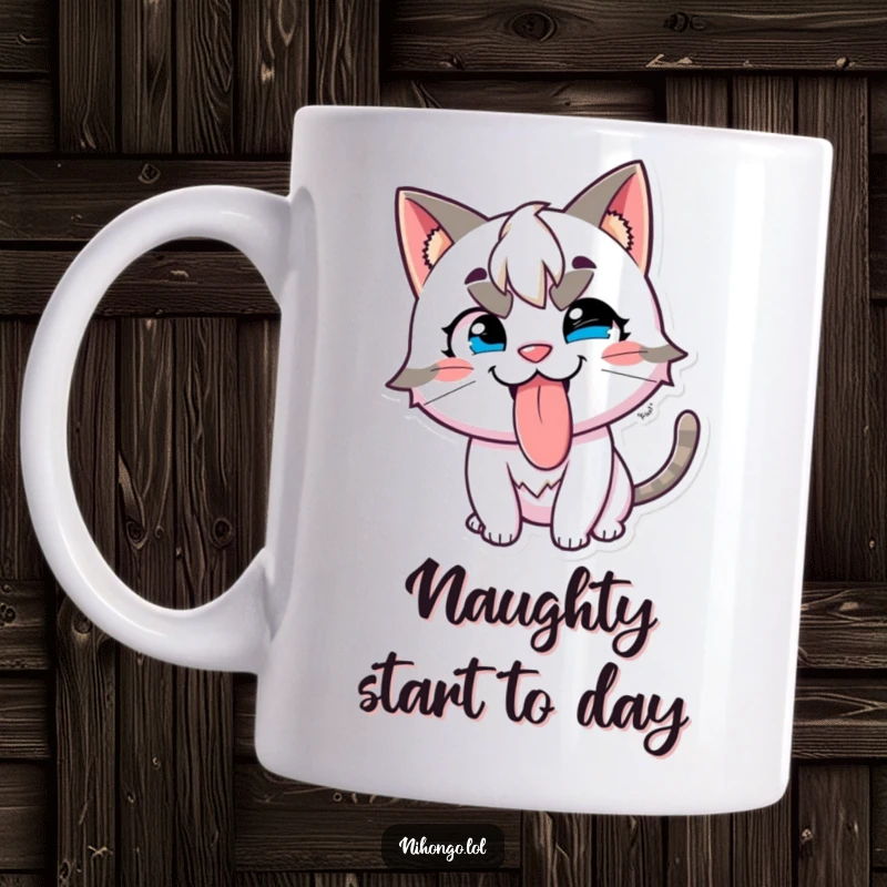 Funny mug featuring a mischievous character with cat ears sticking its tongue out with a playful, cheeky grin.