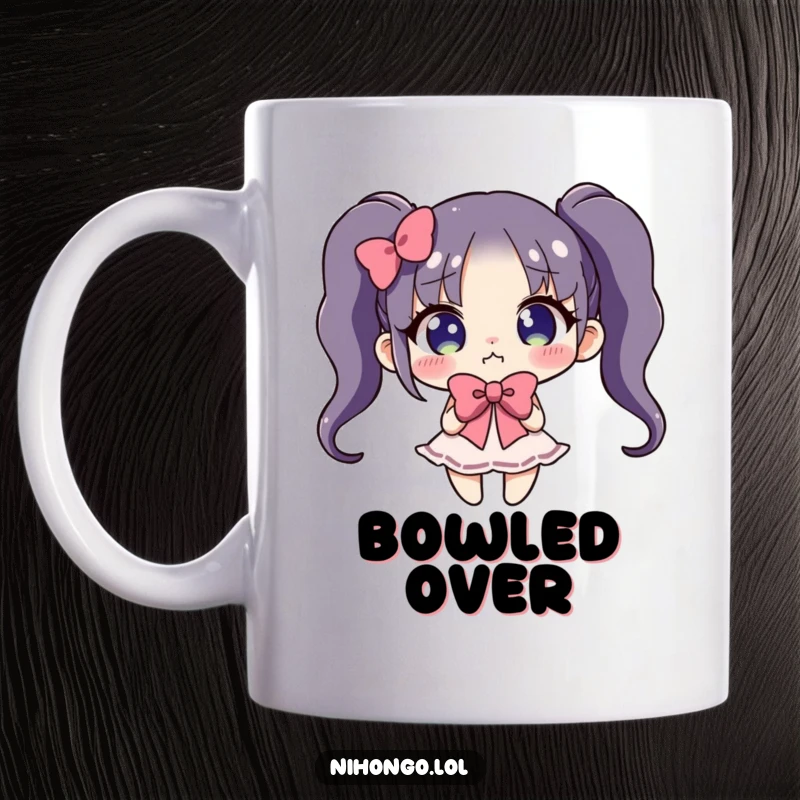 Funny mug featuring a cartoon character performing an overly exaggerated, clumsy bow, perhaps stumbling or falling, with humorous intent.