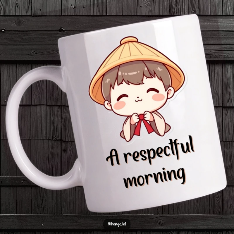 Funny mug featuring a smiling character in a traditional Japanese hat, bowing politely with a friendly demeanor.