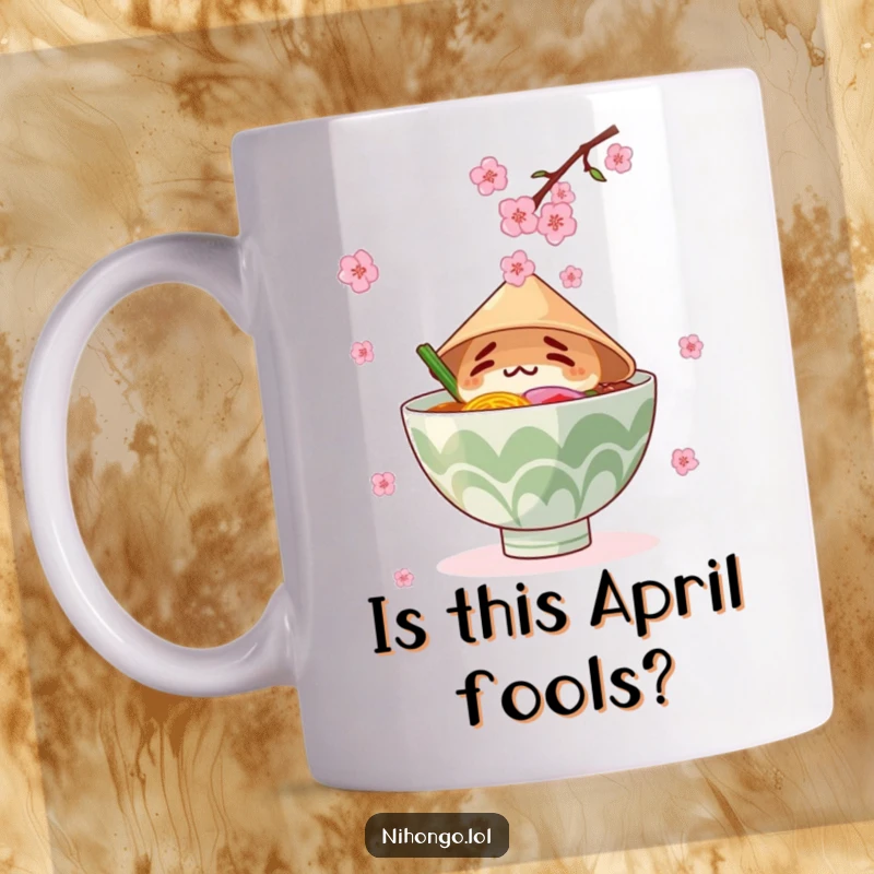 Funny ramen bowl in a conical hat, confusedly catching falling cherry blossoms, whimsical art for a humorous gift.
