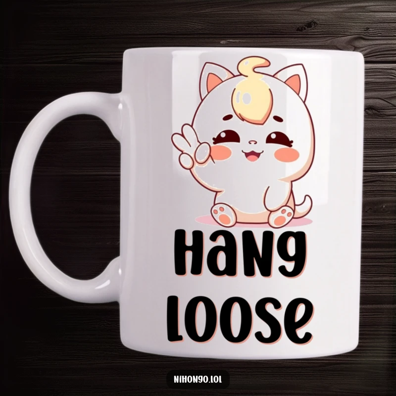 Funny mug with a character happily flashing a shaka sign, radiating relaxed and positive vibes, perfect for coffee lovers.