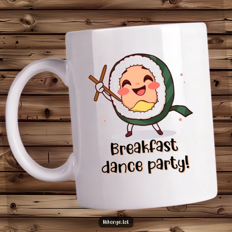 Funny mug depicting a smiling sushi roll character energetically performing a comedic sword dance using chopsticks.
