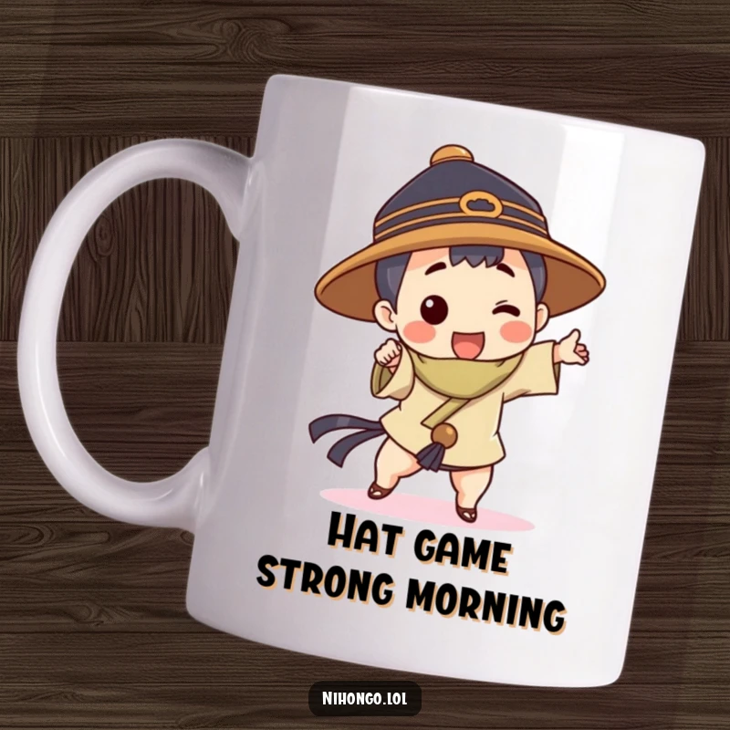 Funny mug showcasing a character in a traditional hat performing a dynamic and fun pose, full of energy.