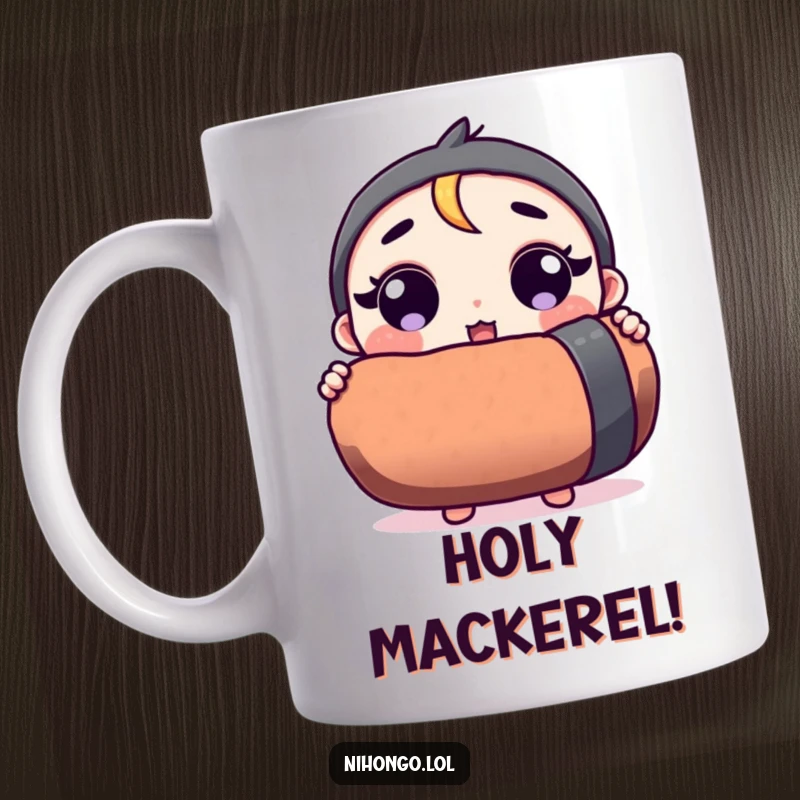 Funny mug features a cartoon character with wide, shocked eyes holding an enormous sushi roll.