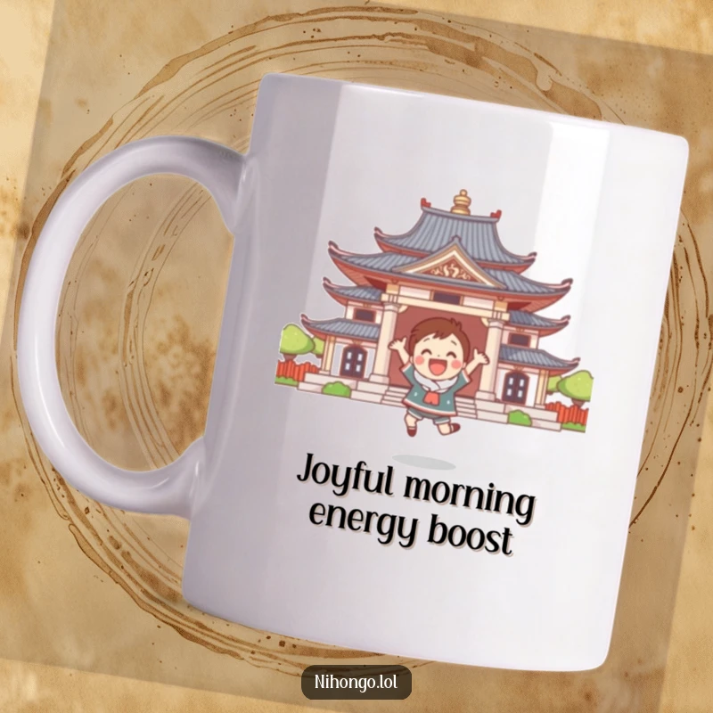 Funny mug with a cute character joyfully leaping in front of a stylized temple, full of excitement.