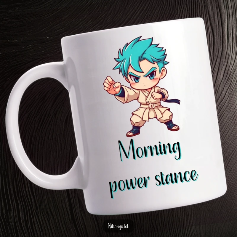 Funny mug showing a determined character in a strong martial arts pose, radiating focus and unwavering willpower.