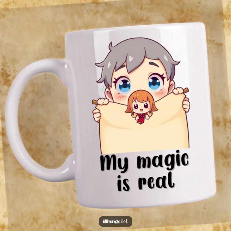 Funny Mug: Surprised character watches in awe as a small animated figure pops from a magic scroll, evoking wonder and amusement.