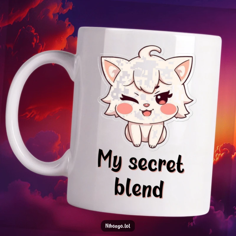 Funny mug featuring a cartoon character winking with a sly, mischievous grin, hinting at a playful secret or joke.