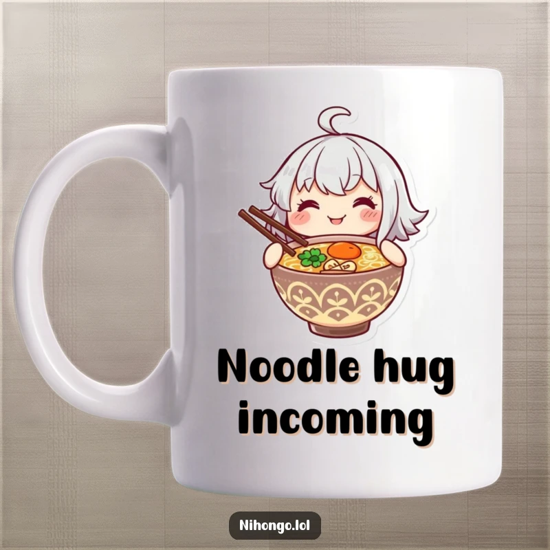 Funny mug featuring a smiling character happily holding a steaming bowl of ramen with chopsticks, celebrating delicious food.