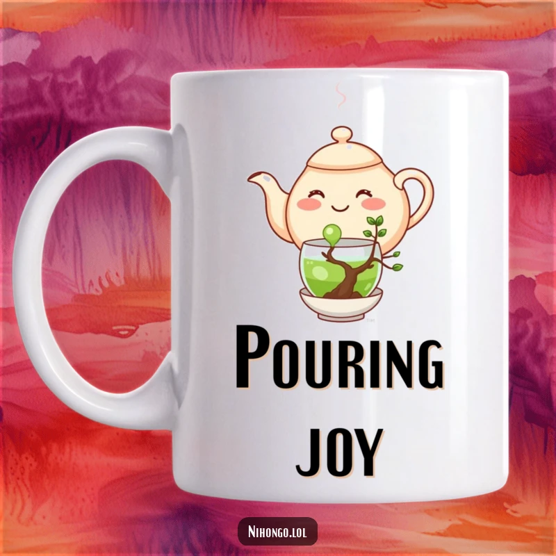 Funny cheerful teapot with a happy face pouring green tea into a miniature bonsai tree, whimsical and heartwarming art.