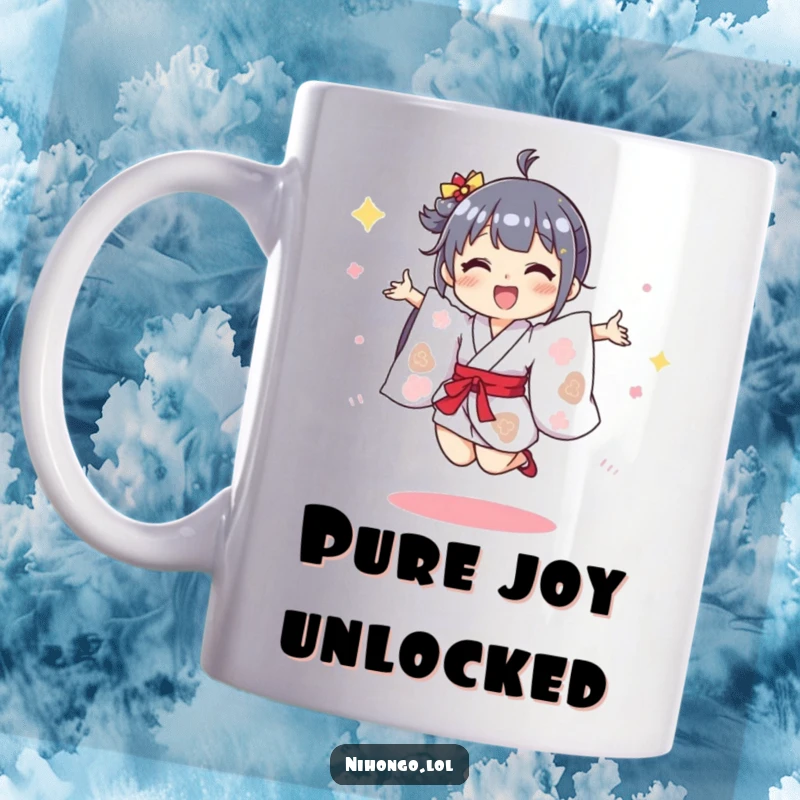 Funny mug with a happy character in a tiny kimono doing a joyful jump, symbolizing pure excitement and celebratory spirit.