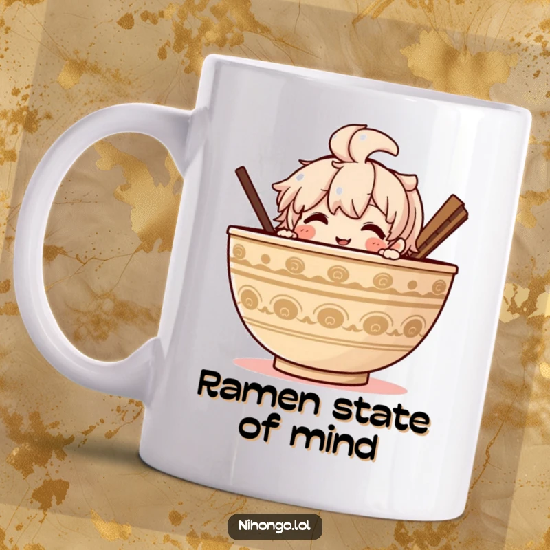 Funny Ramen Mug: Adorable smiling character peeking over a huge bowl of steaming ramen, a delightful foodie humor item.