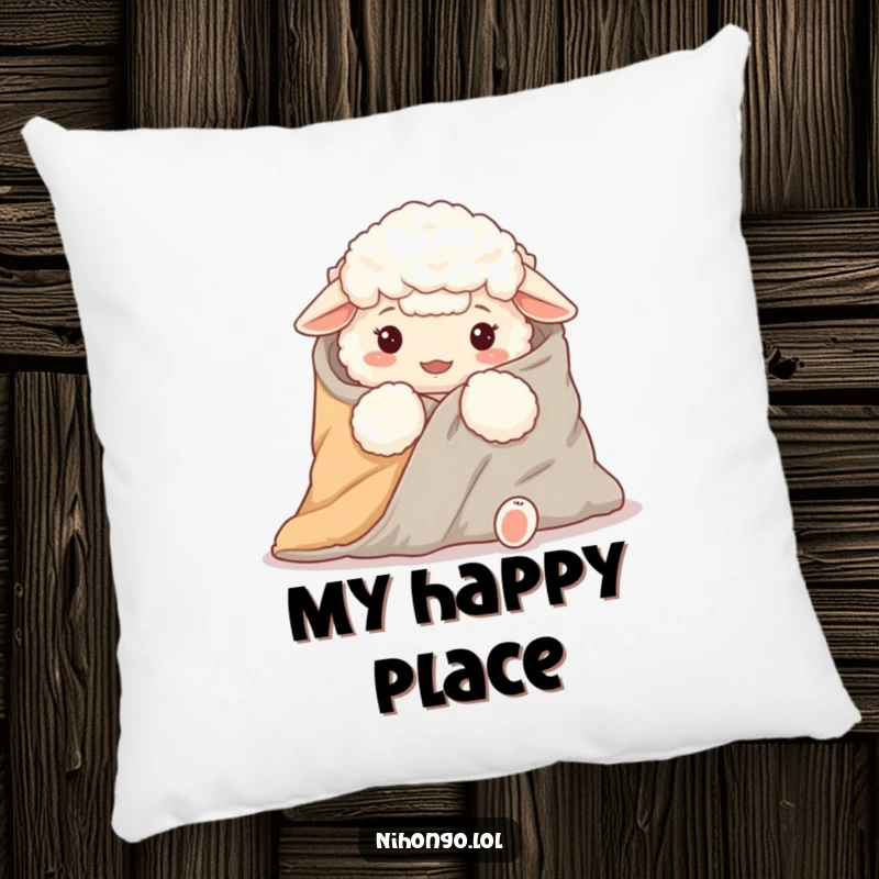 Funny decorative pillow featuring a fluffy sheep attempting to wrap itself within a futon blanket, perfect for relaxation.