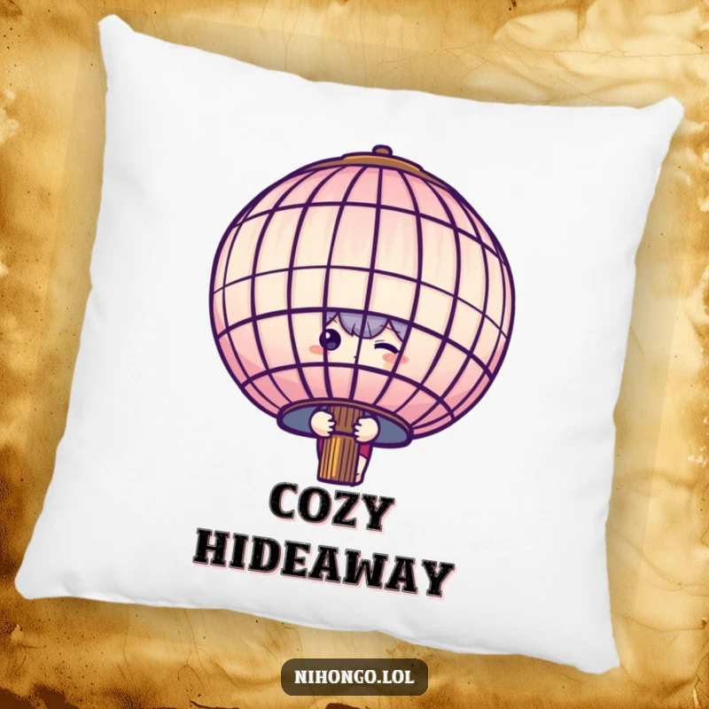 Funny shy character peeking from behind a large paper lantern, a soft and cuddly pillow design, brings gentle charm.