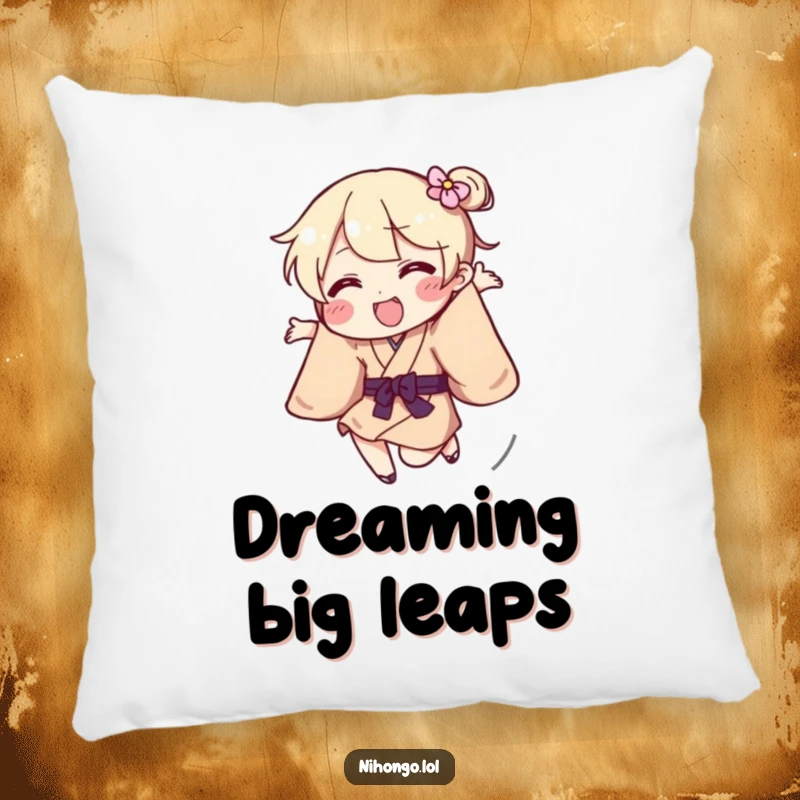 Funny Pillow depicting a playful character in a kimono jumping energetically, adding comfort and humor.