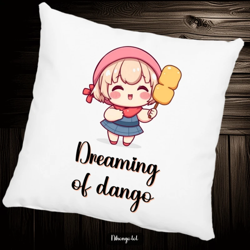 Funny pillow with a delighted character, rosy cheeks, happily holding a giant dango skewer, soft and comforting.