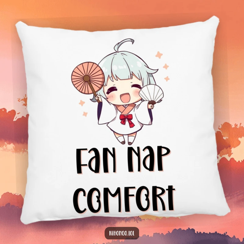 Funny Pillow: Character excitedly waves a fan with dynamic brush strokes, embodying artistic energy and making it a cozy, humorous accent.