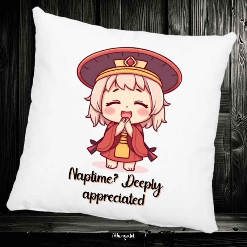 Funny pillow featuring a cute character in a Japanese hat, bowing deeply with a serene and joyful expression.
