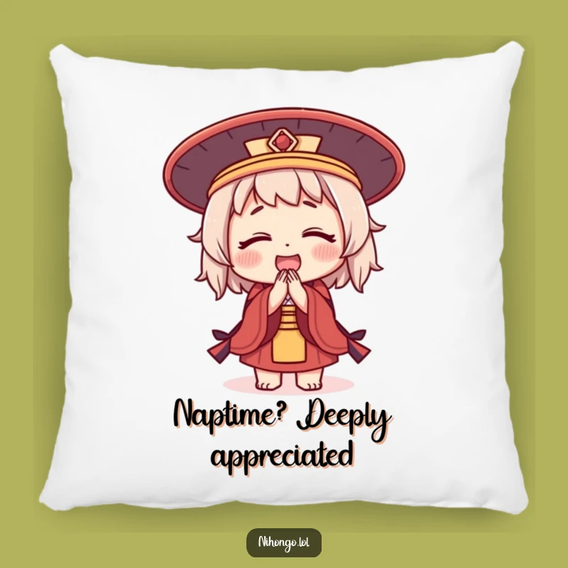 Funny Bowing Character Pillow: Japanese Hat Comfort, A Cozy Funny Gift