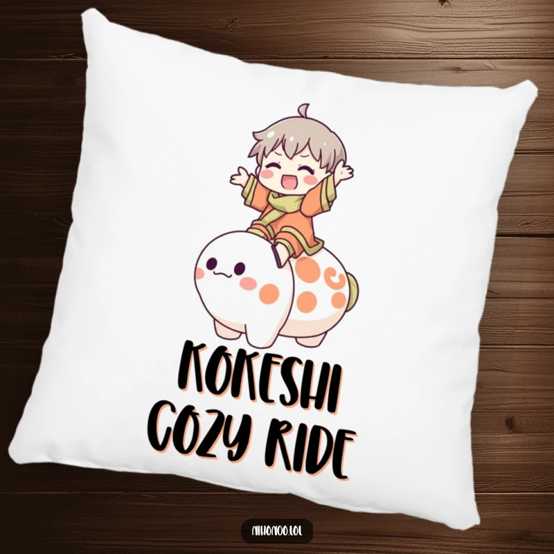Funny Pillow: A character joyfully rides a large, friendly Kokeshi doll, embodying pure happiness and making it a cozy, humorous accent.