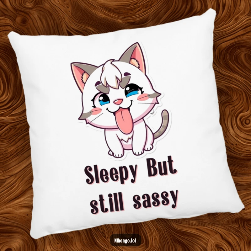 Funny pillow depicting a mischievous character with cat ears, playfully sticking its tongue out with a happy grin.