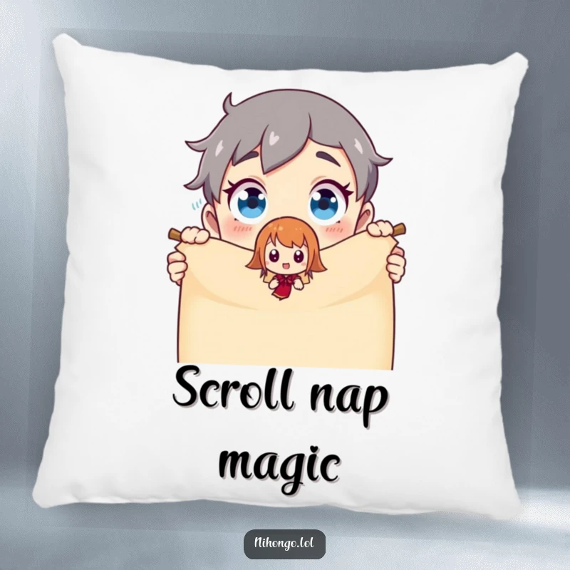 Funny Pillow: A hilarious scene of a character’s wide-eyed surprise as a tiny animated creature emerges from a magic scroll.