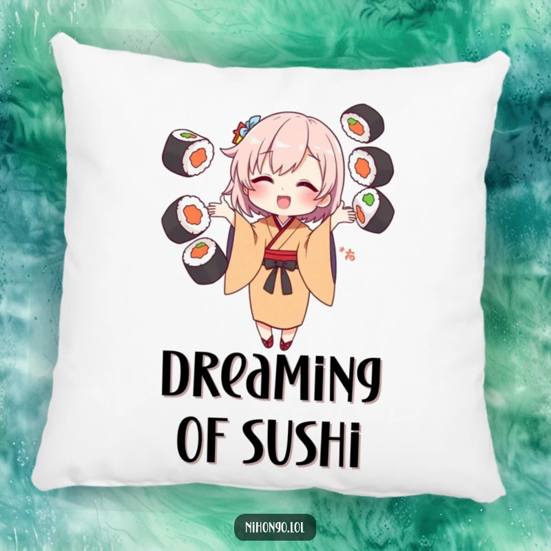 Funny Pillow featuring a character in a kimono juggling sushi rolls, offering comfort and comedic appeal.
